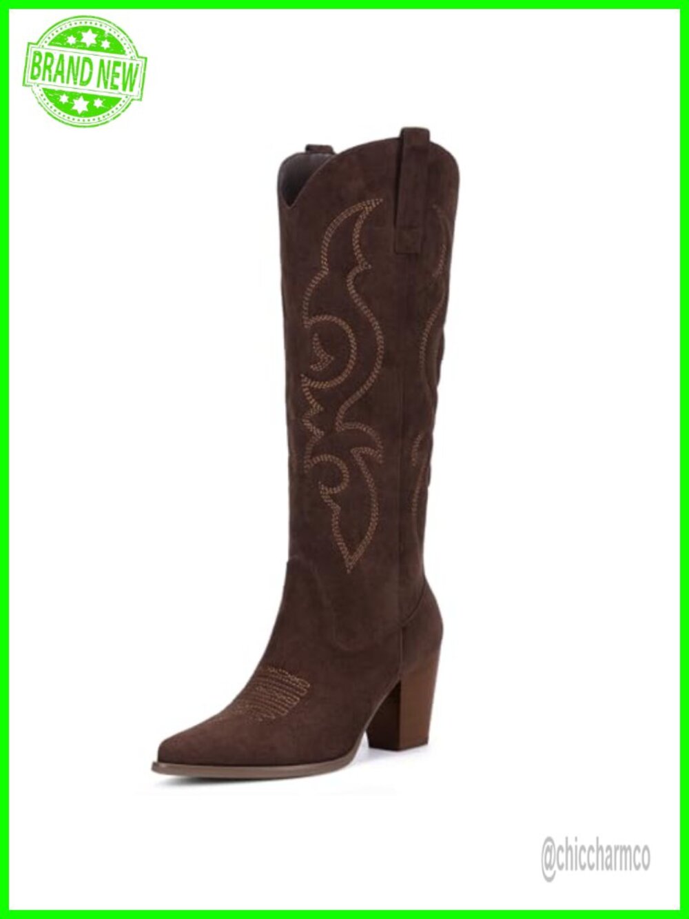 Faux Suede Cowboy Boots Knee High Block Heel Side Zipper Pointed Toe